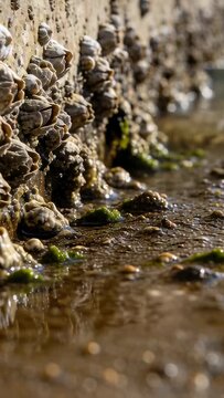 Vertical video: Shot starting panning down seawall while showing barnacles and ripples, copy space