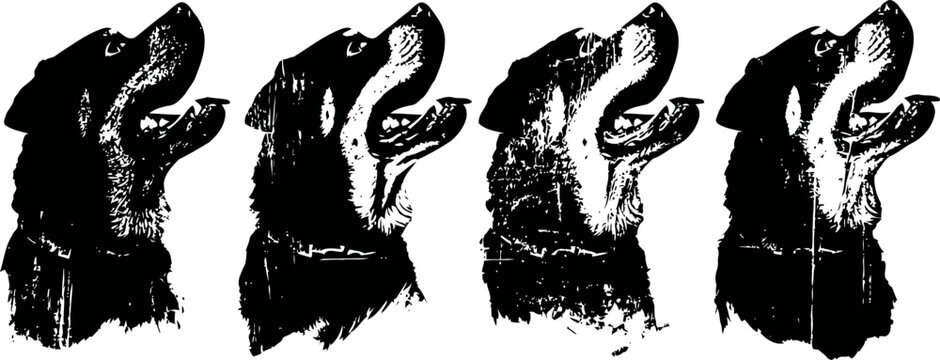 Multiple black dog heads barking in a row, silhouette style, isolated white background