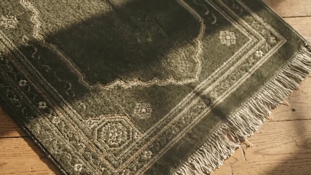 Ornate green rug with fringe on sunlit hardwood floor