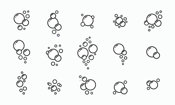 Soap bubbles vector icon set, collection of clean foam and sparkling water bubbles, various sizes and arrangements, perfect for detergent packaging, bath products, and clear liquid designs.