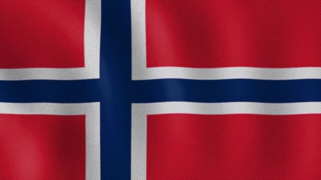 Norway flag waving in wind close up texture, 4k cinematic norwegian national flags background loop, realistic fabric pattern illustration animation, scandinavia symbol