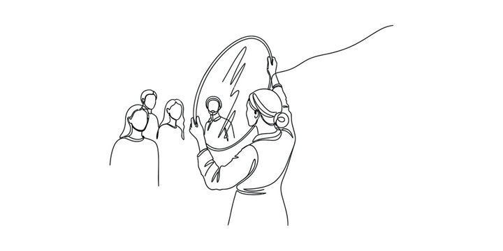 A person holding a large mirror reflecting a group of people illustrating selfreflection and perception.