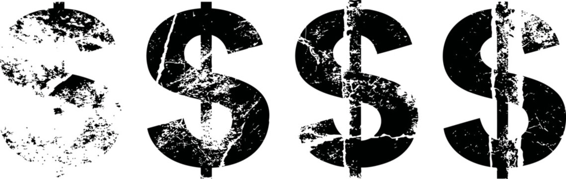 Grunge distressed dollar signs in black ink with varying levels of wear and texture
