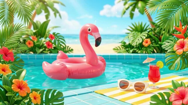 Inflatable pink flamingo floating in turquoise pool surrounded by tropical plants and flowers. Red cocktail with lime and sunglasses on striped towel. Summer vacation relaxation concept in paradise
