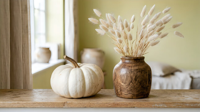 Autumn still life white pumpkin and dried flowers in rustic setting