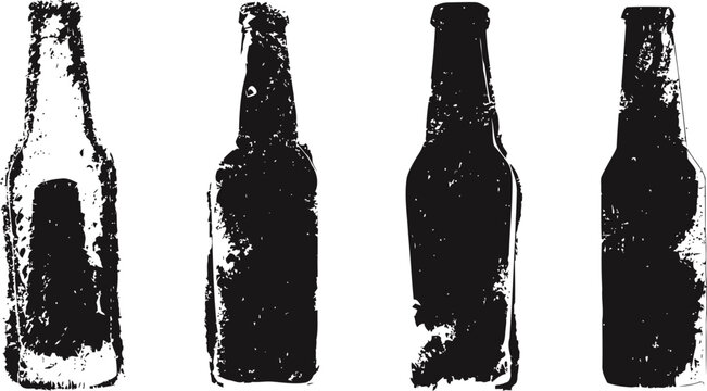 grunge beer bottles silhouettes set vintage textured alcohol beverage icons collection in black