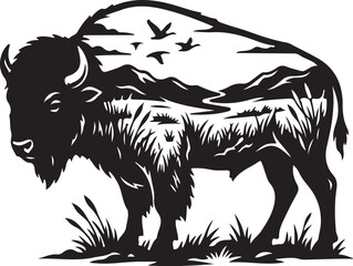 Obraz premium Double Exposure Bison Silhouette with Mountain Landscape Graphic