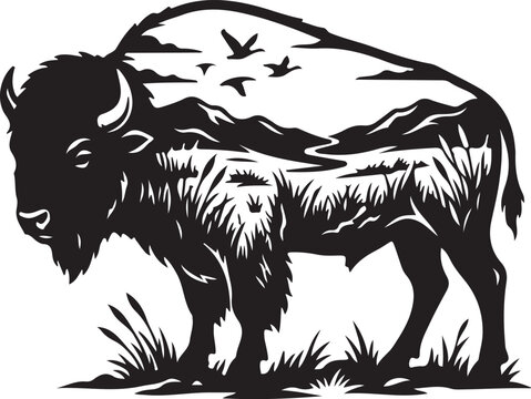 Double Exposure Bison Silhouette with Mountain Landscape Graphic