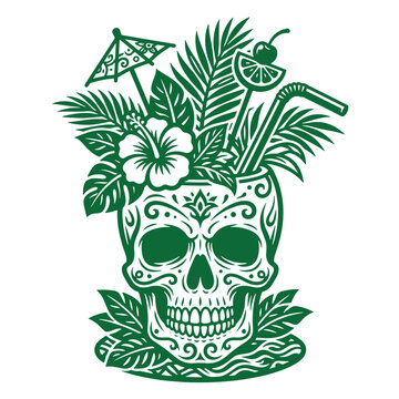 Green of a sugar skull shaped tiki mug with tropical flowers and fruit garnish, isolated on a white background, detailed line for cocktail menu branding and concepts