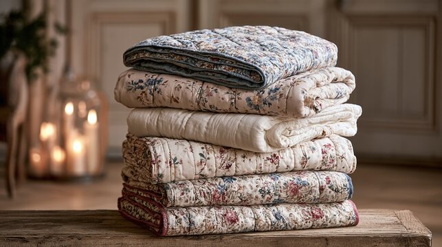 Stacked Quilts with Floral Patterns and Solid Colors on a Rustic Wooden Surface, with a Cozy, Warm Ambiance and Blurry Candlelight in the Background