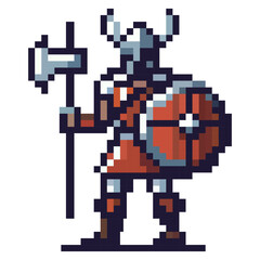 Fototapeta premium A Viking warrior wears a metal helmet and holds an axe and a shield. The warrior is standing firmly with a confident stance. This is a pixel art representation capturing the strength of the character