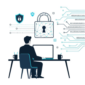 Data security engineer protecting information with binary code and encryption lock system.