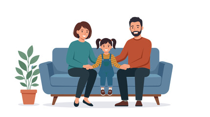 Obraz premium Happy Family Portrait Sitting Together On A Blue Sofa With A Potted Plant Beside Them