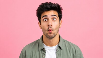 Obraz premium Surprised Young Man Making Funny Fish Face Expression on Pink Studio Background