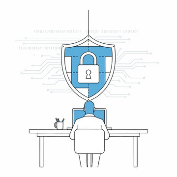 Cybersecurity expert working at laptop with shield and binary data flow linear vector art.
