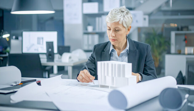 Architektin arbeitet an Baupl&auml;nen 