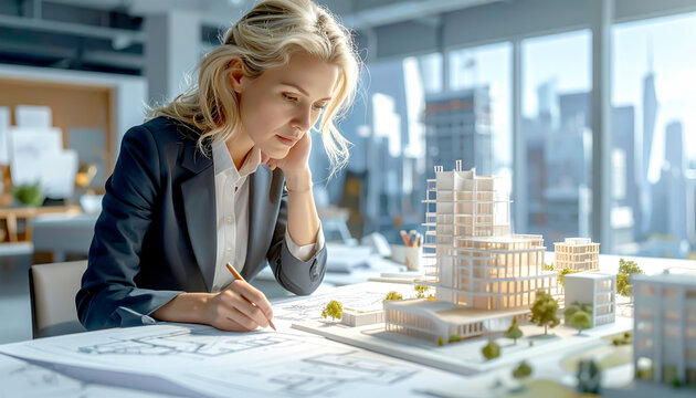 Architektin arbeitet an Baupl&auml;nen 
