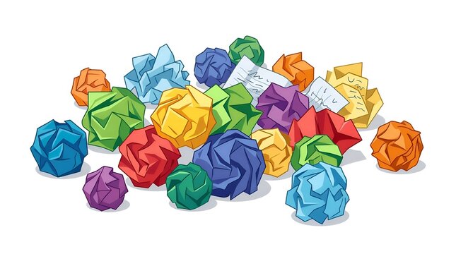 Colorful pile of crumpled paper balls and discarded messy documents vector illustration isolated on white