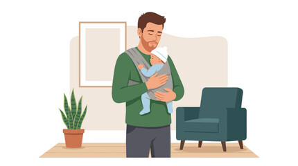 Fototapeta premium Caring Father Holding Sleeping Baby in Carrier Indoors with Modern Furniture and Plant