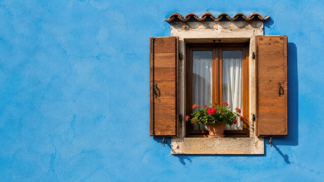 Rustic wooden window with flower pot on bright blue Mediterranean wall