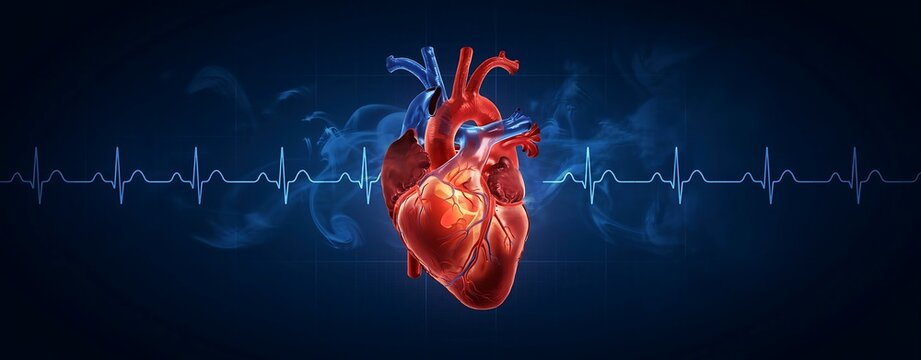 Anatomical human heart with blue ekg pulse line and wispy smoke on a dark navy blue background