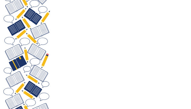 Vertical seamless pattern featuring blue notebooks, yellow pencils, and white speech bubbles on a plain backdrop.
