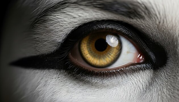 Close-up of golden eye with dramatic black eyeliner and white fur