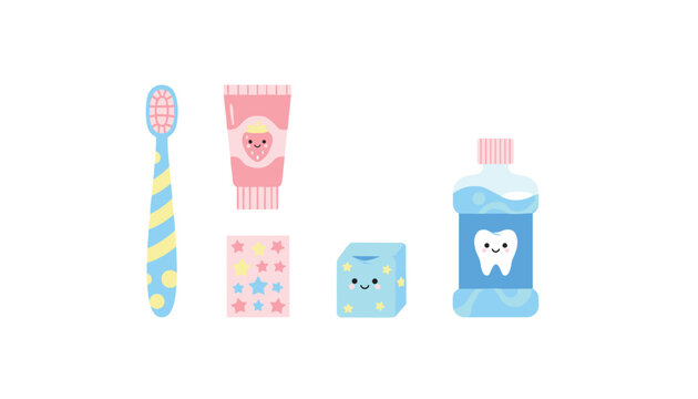 Dental hygiene products set with toothbrush, toothpaste, and mouthwash on white background.
