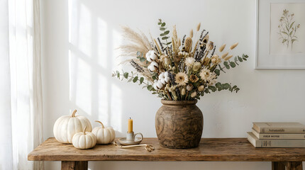 Fototapeta premium Autumnal still life with dried flowers pumpkins and rustic decor