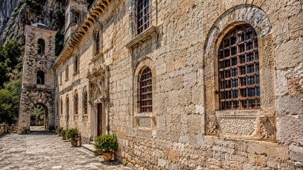Fototapeta premium Historic stone monastery or church building with mountain backdrop