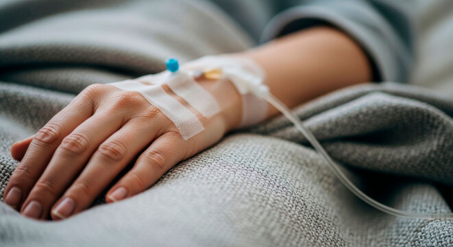 Cancer patient resting with IV drip in a hospital bed showing medical treatment and care. This image is for healthcare articles, oncology information, and patient recovery themes.