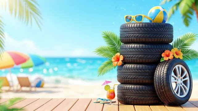 Stack of car tires decorated with hibiscus flowers and palm leaves on tropical beach. Summer vacation and road trip concept. Beach accessories like sunglasses, cocktail, flip-flops, and beach ball