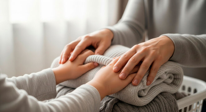 Child folding laundry with parent hands helping to organize clothes at home. This image depicts family bonding, household responsibilities, and upbringing themes.