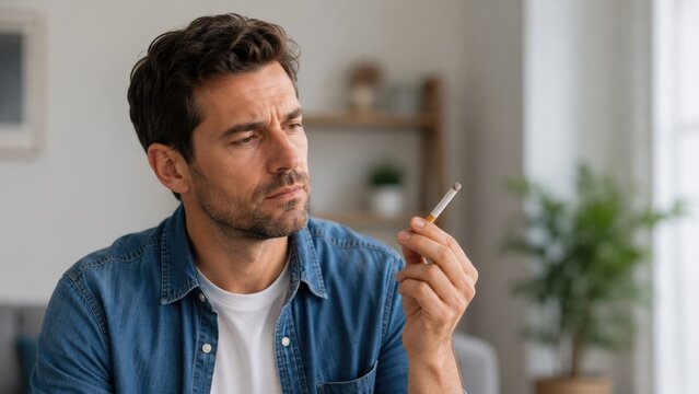 Thoughtful man holding cigarette at home considering quitting smoking habit