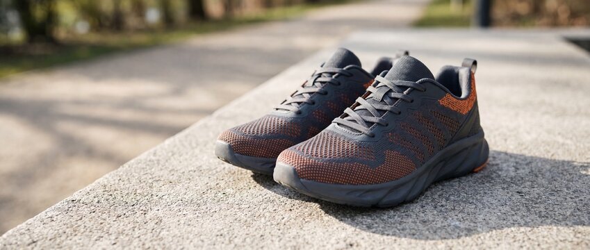 Pair of athletic running shoes with dark grey and vibrant orange mesh uppers and thick soles resting on a textured concrete ledge outdoors with blurred background