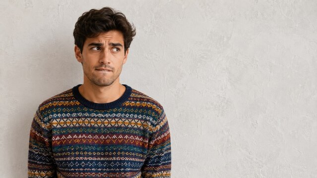 Young man in patterned sweater looking sideways with doubtful biting lip expression