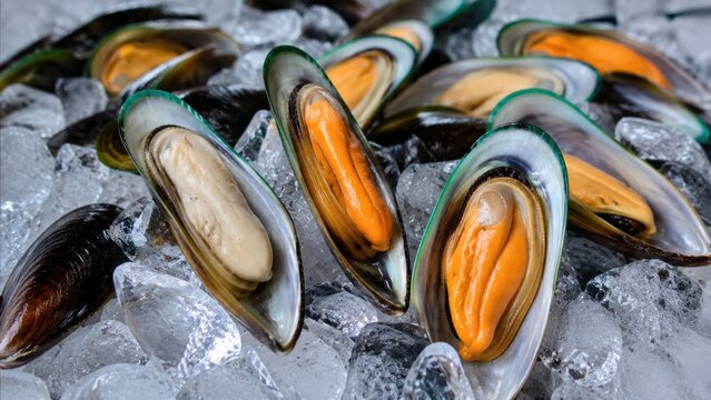 Fresh green mussels on ice close up seafood market or restaurant presentation