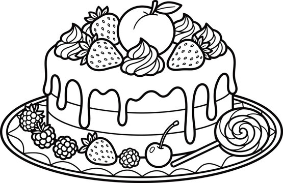 Birthday cake outline vector with berries and lollipop.