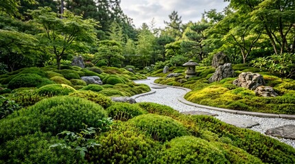 Obraz premium Lush green Japanese zen garden with moss mounds, stone path and stone lantern