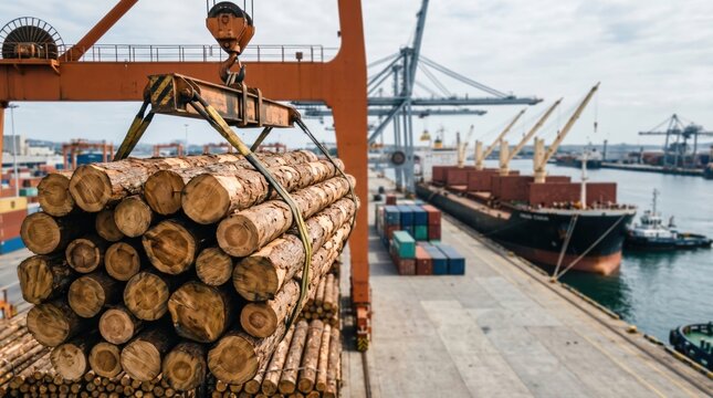 Logs being loaded by crane at a commercial shipping port. Timber export, forestry industry, wood transportation, international trade, logistics, and global supply chain concept