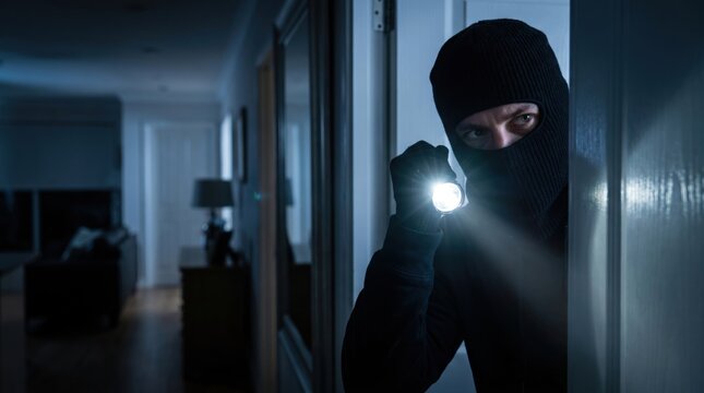 Masked burglar with flashlight inside a dark home. Burglary, home invasion, theft, criminal activity, security risk, property crime, and home protection concept
