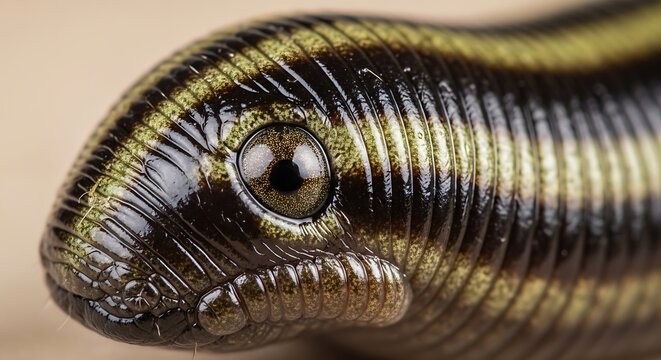 Detailed close-up of caecilian amphibian's head, eye, and skin