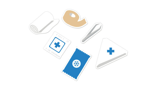 First aid kit items layout featuring bandage roll, tape, tweezers, and cold pack.
