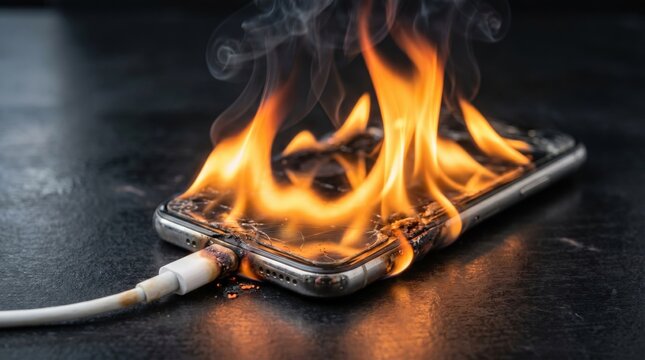 Smartphone engulfed in flames while charging. Battery overheating, lithium-ion battery failure, fire hazard, device safety, electrical malfunction, and consumer electronics risk concept