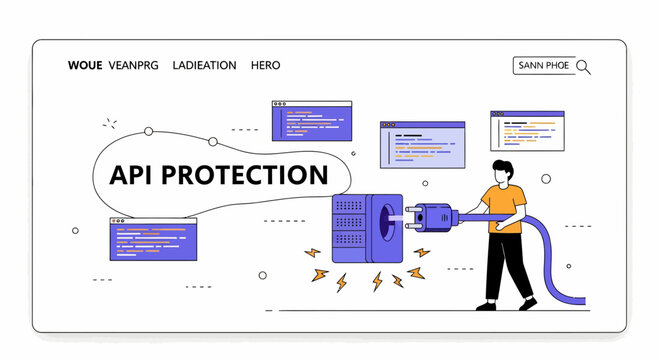 Secure API protection network server connection web landing page hero design illustration software data development infrastructure