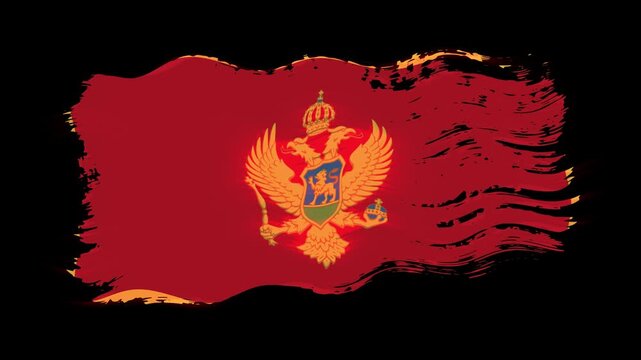 Waving torn Montenegro flag grunge brush burn light leaks, transparent background alpha channel loop full HD