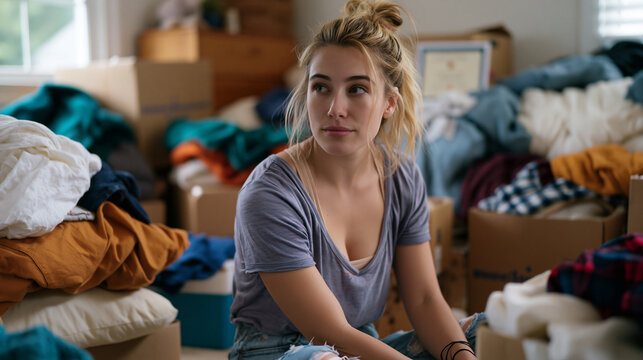 Woman in her late twenties sitting on her childhood bedroom floor surrounded by boxes during a move back home after a life plan collapsed, a diploma visible leaning against the wall, the complicated