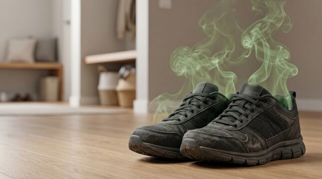 Worn sneakers emitting unpleasant smell indoors. Foot odor, sweaty shoes, hygiene issues, bacteria growth, household discomfort, and shoe deodorizing concept