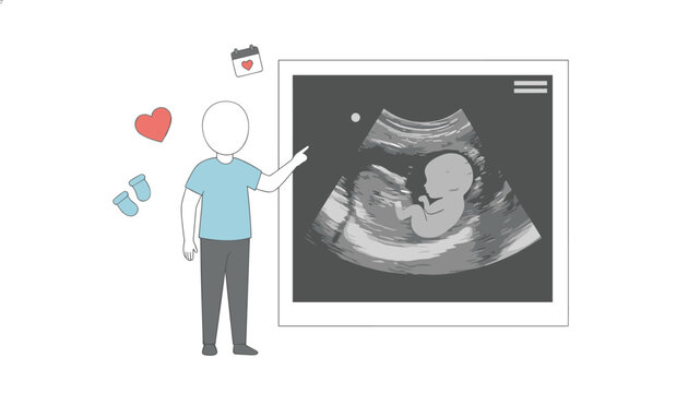 Man pointing at ultrasound screen showing fetus with floating baby booties and heart.