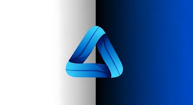 Blue abstract impossible triangle on split white and blue background
